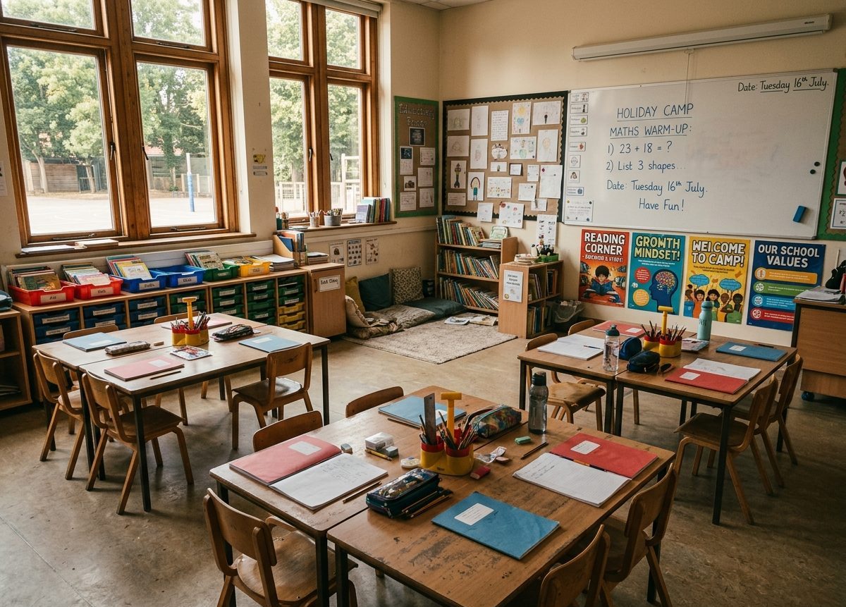 A primary school classroom set up for the Brain Bloom Holiday Camp with desks, exercise books and a maths warm-up on the whiteboard