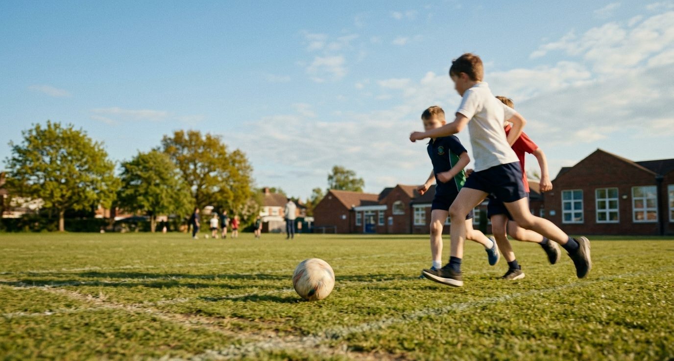 Children playing football on a school field at summer camp