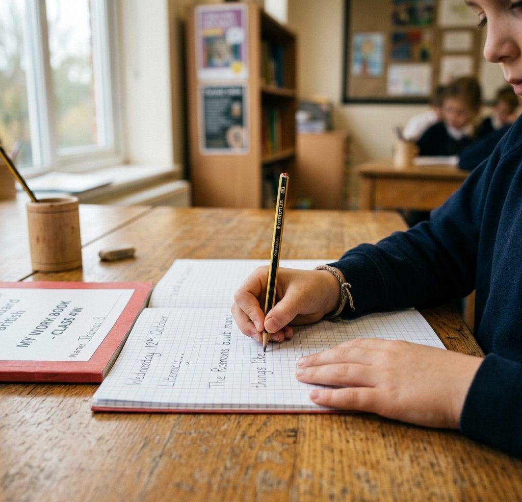 A child writing in a school exercise book during a Brain Bloom tutoring session