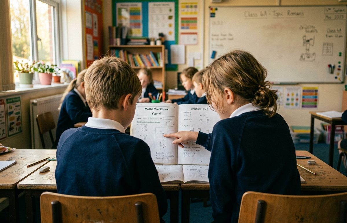 Two primary school children working together on a maths workbook