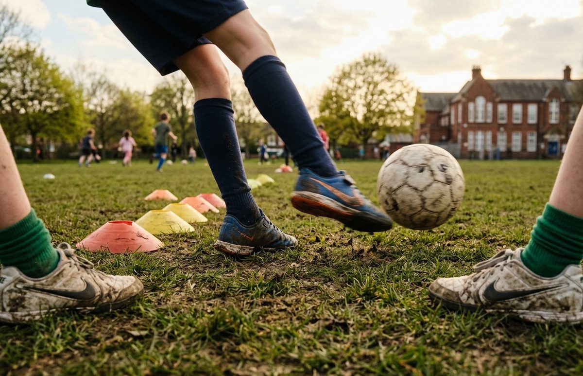 Children playing football and team sports on a school field