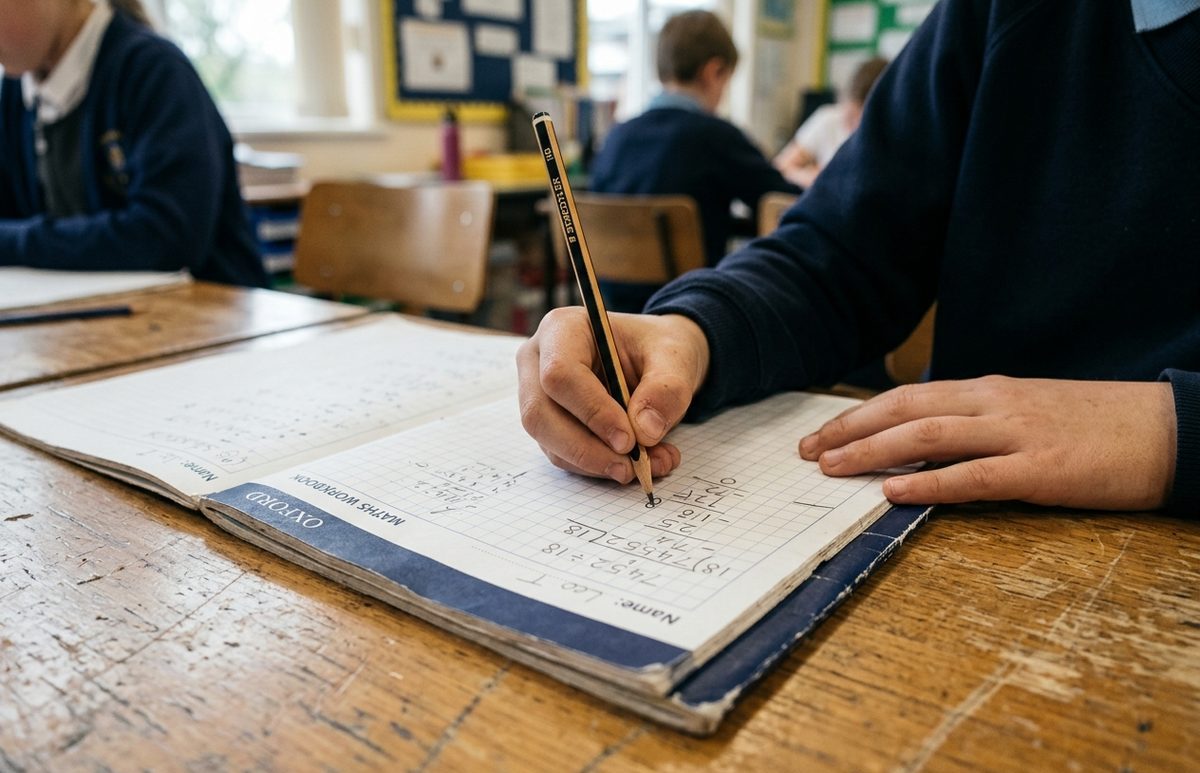 Child writing maths in an exercise book during morning tuition