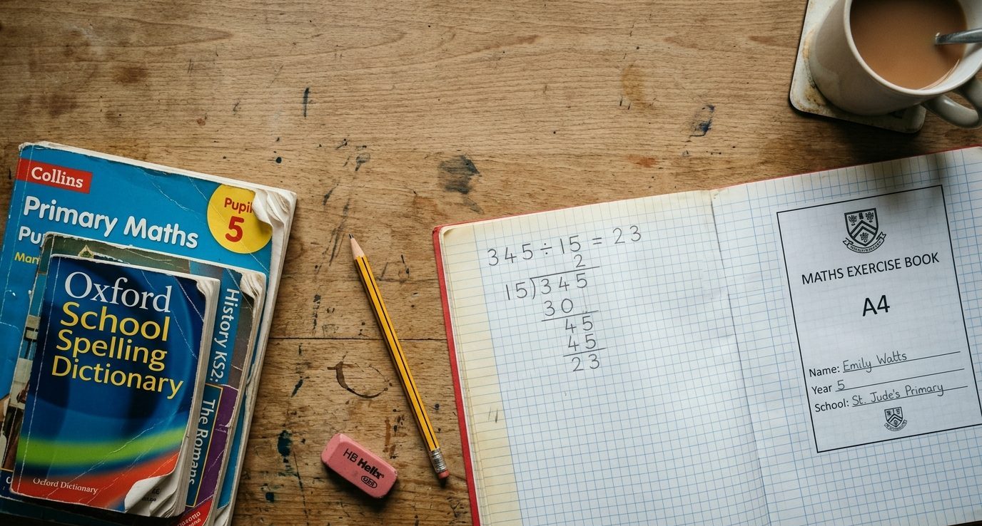 A primary school exercise book, pencil and mug of tea on a wooden desk