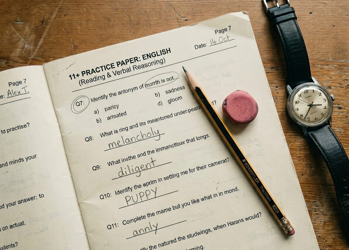 An 11+ practice paper, pencil and analogue watch on a wooden desk
