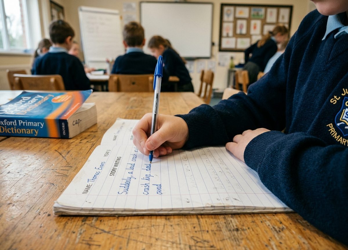 A primary school child writing a story in a creative writing exercise book