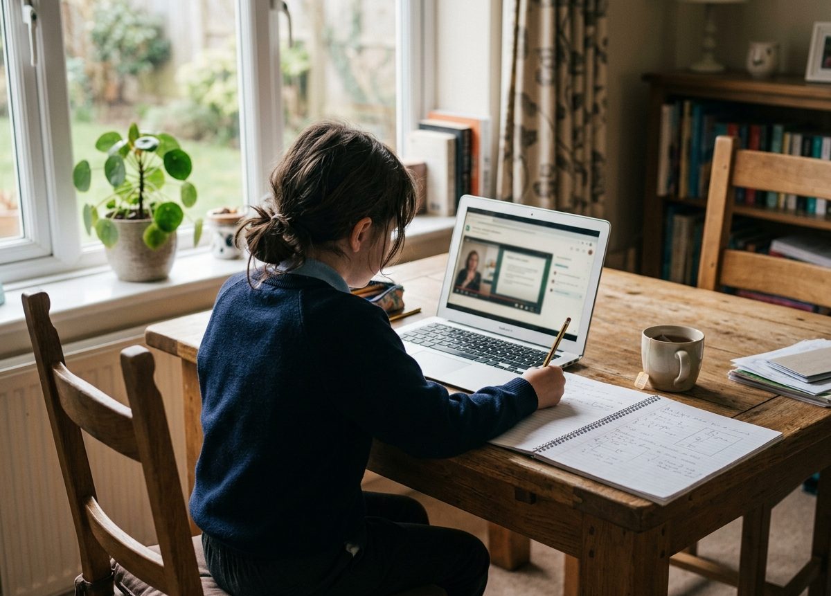 A child working from home on a laptop with a teacher on screen, taking notes in an exercise book