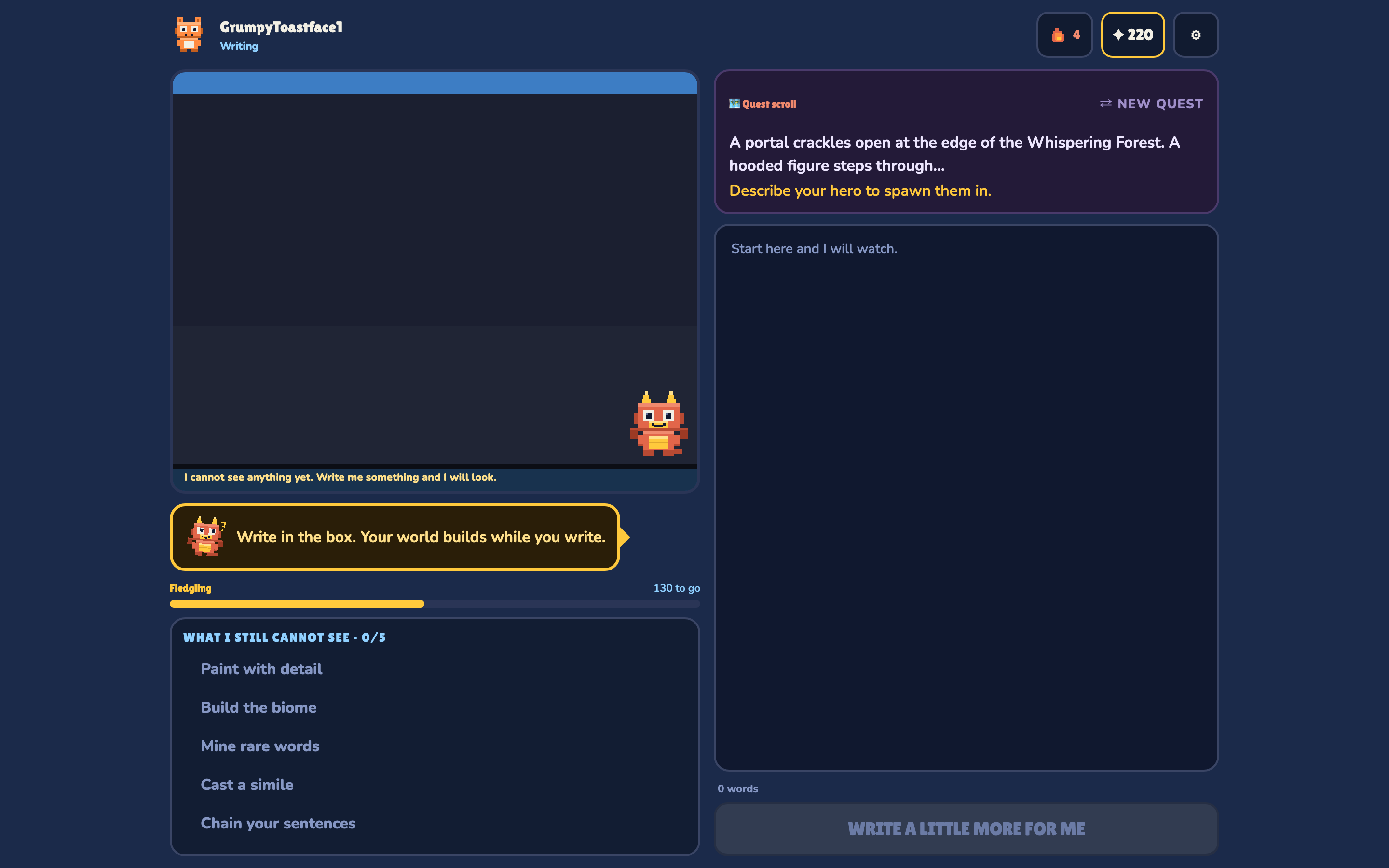 The StoryBloom writing screen, with a quest prompt and an empty box