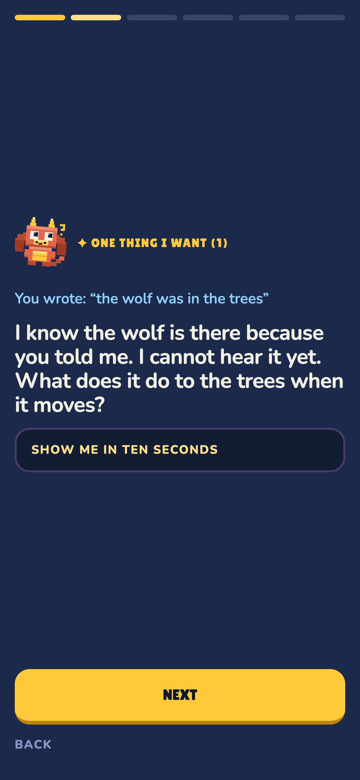 Inky asking what the wolf does to the trees when it moves