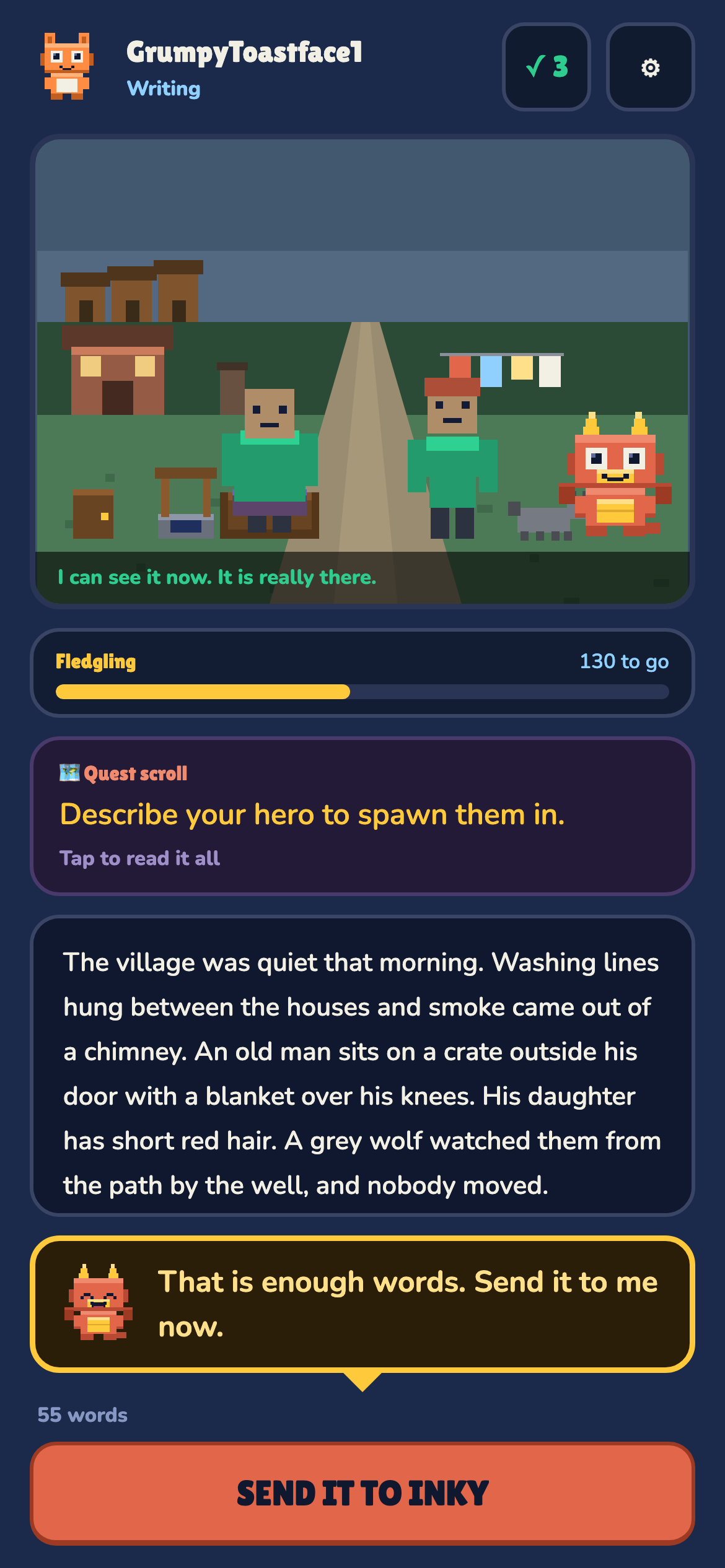 A village built from the writing, beside the text that made it