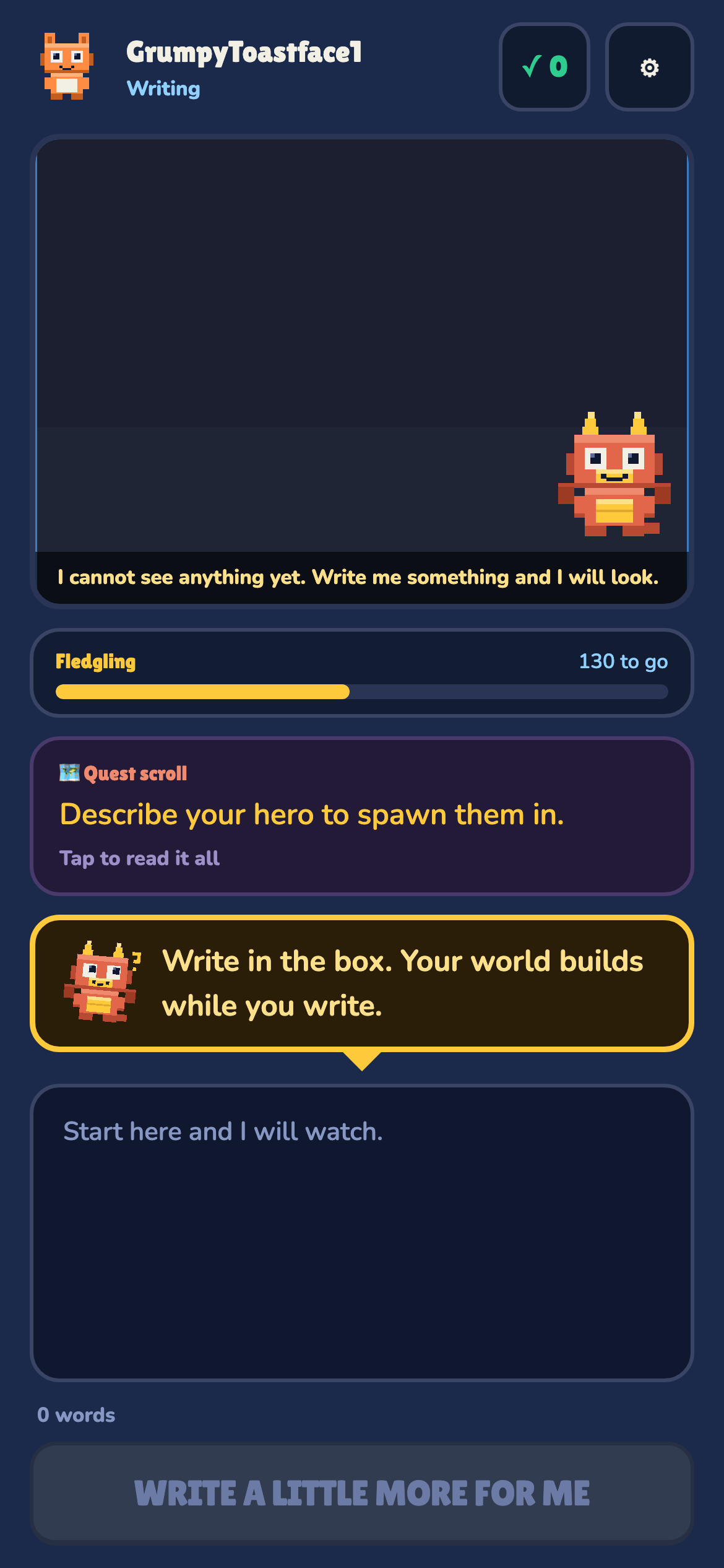 The StoryBloom writing screen, with a quest prompt and an empty box