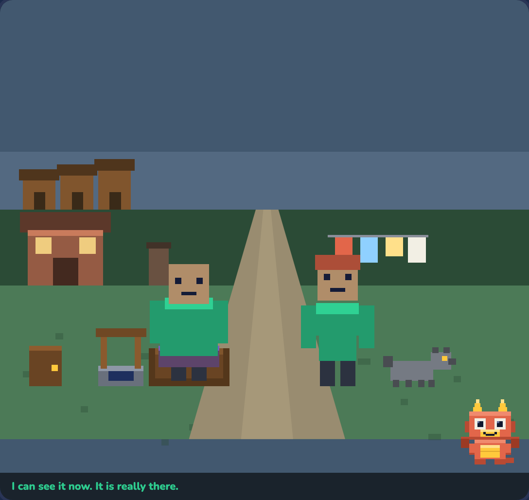 A village built from a child's writing, with houses, characters and a wolf